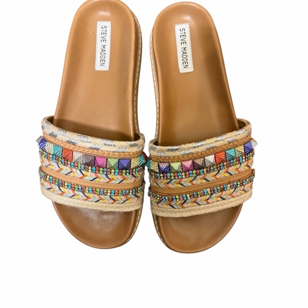 Steve Madden Multicolor Beaded Braided Tan Slide Sandals - Picture 2 of 5